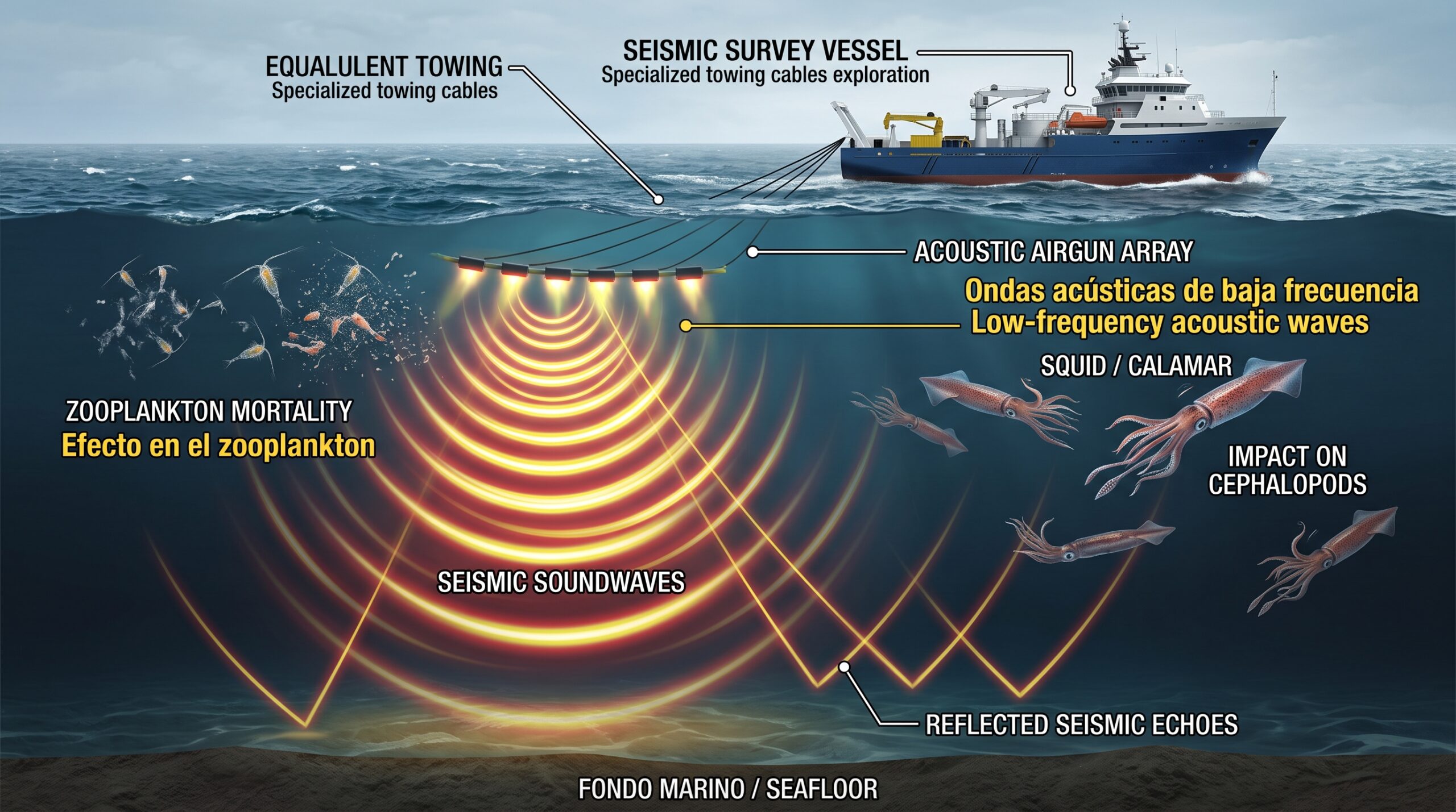 Esquema técnico del impacto de la prospección sísmica y ondas acústicas en calamares y zooplancton