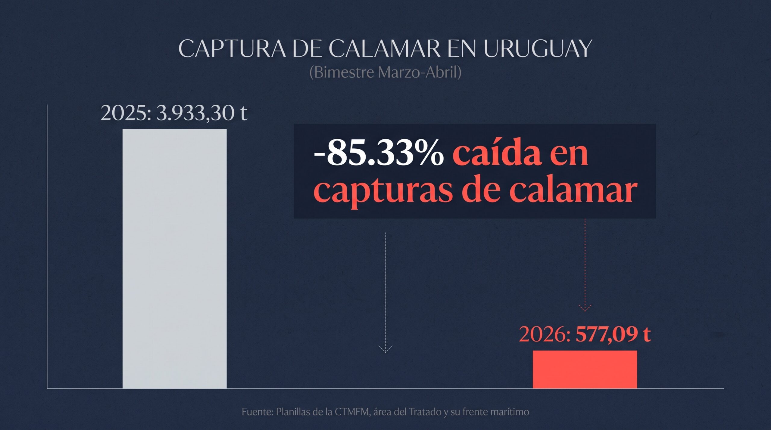Gráfico de caída del 85% en la captura de calamar en Uruguay